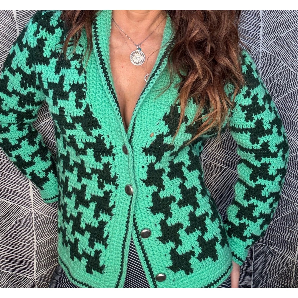 Handmade Crochet Houndstooth‎ Cardigan Shawl Collar Button Front Sweater